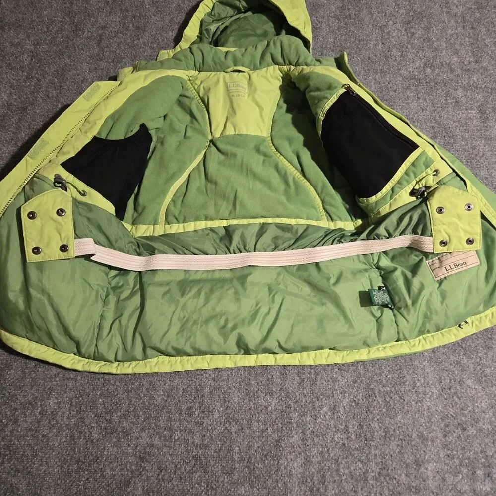 LL Bean Hooded Winter Ski Jacket Green Kids Medium 10-12 Full Zip Pockets